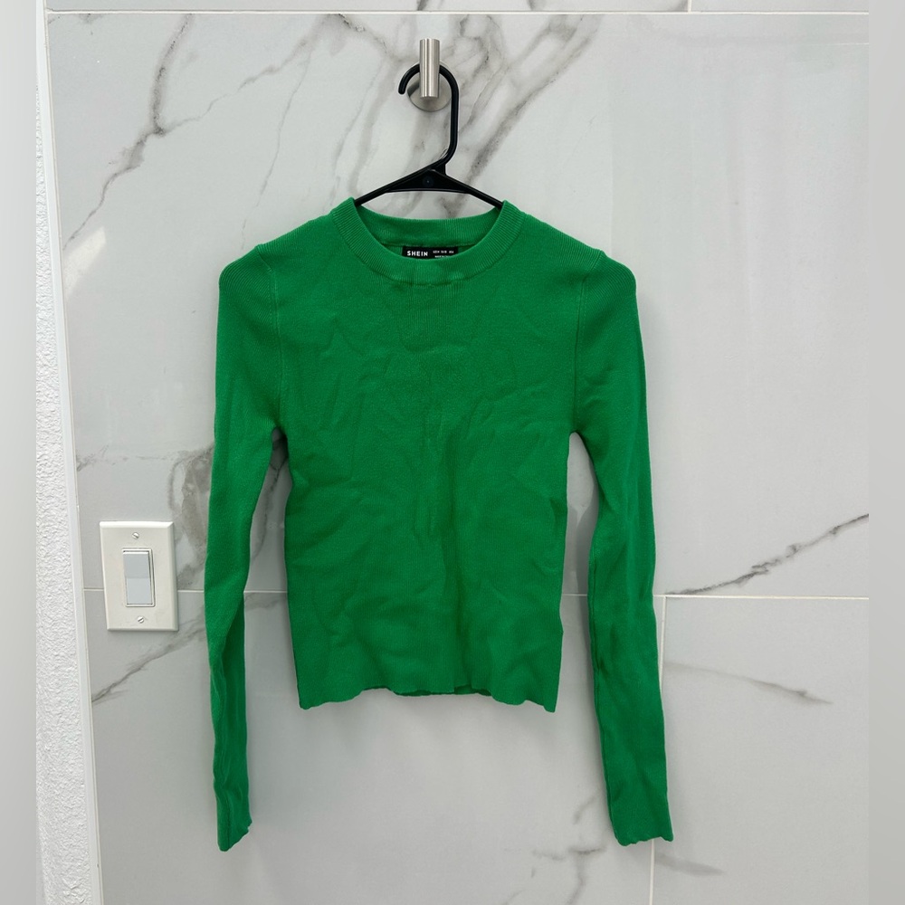 SHEIN Emerald Green Ribbed Long Sleeve Crewneck Top